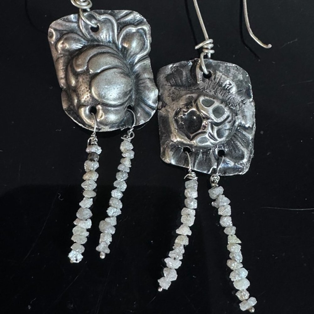 Genuine Raw Rough Diamond Earrings Antique Floral Sterling Silver 925 Dangle